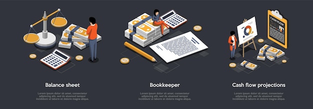 Personal accounting balance sheet and cash flow projections concept financial consultant reduces debit with credit characters preparing financial tax report isometric 3d vector illustrations set
