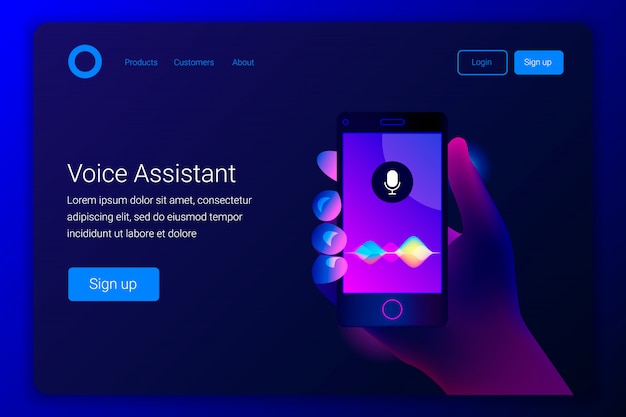 Персональный помощник и концепция распознавания голоса. интеллектуальные технологии soundwave. рука держит смартфон на экране кнопки микрофона с волнами имитации звука. шаблон целевой страницы.