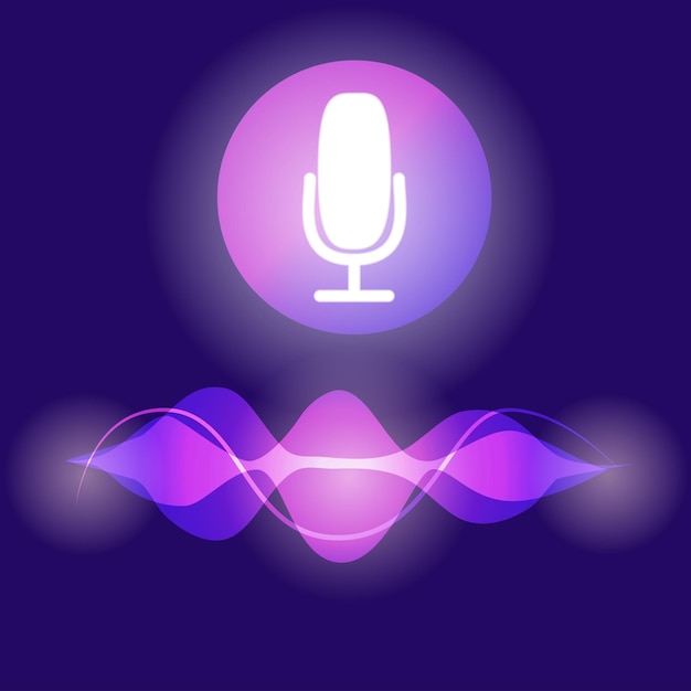 Personal assistant and voice recognition concept flat illustration of sound symbol intelligent technologies Microphone button with bright voice and sound imitation lines