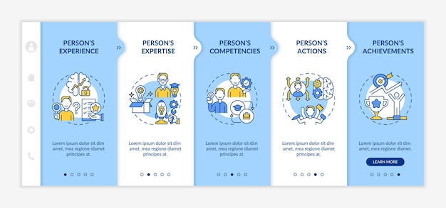 Personal brand components onboarding vector template. responsive mobile website with icons. web page walkthrough 5 step screens. influence goals color concept with linear illustrations