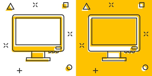 Персональный компьютер в комическом стиле Настольный компьютер мультфильм векторная иллюстрация на изолированном фоне Монитор дисплей эффект всплеск знак бизнес-концепция