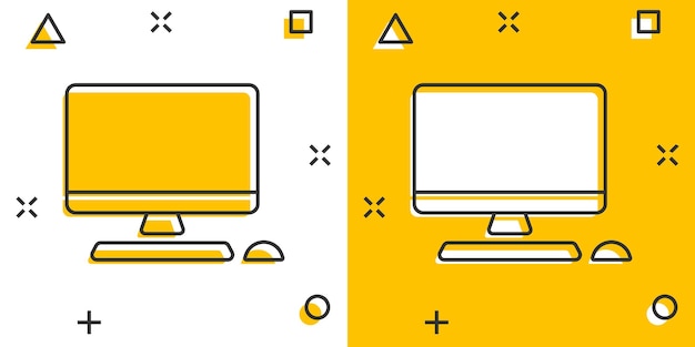 Персональный компьютер в комическом стиле настольный компьютер мультфильм векторная иллюстрация на изолированном фоне монитор дисплей эффект всплеск знак бизнес-концепция