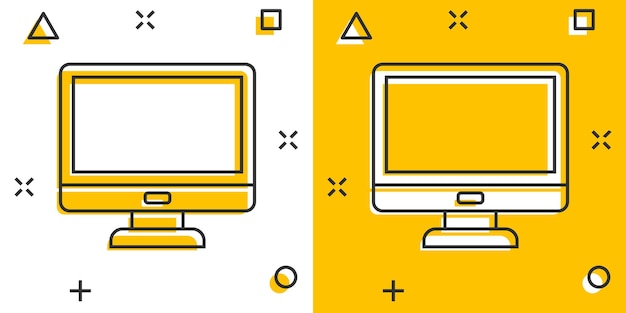 Personal computer in komische stijl Desktop pc cartoon vector illustratie op geïsoleerde achtergrond Monitor display splash effect teken bedrijfsconcept