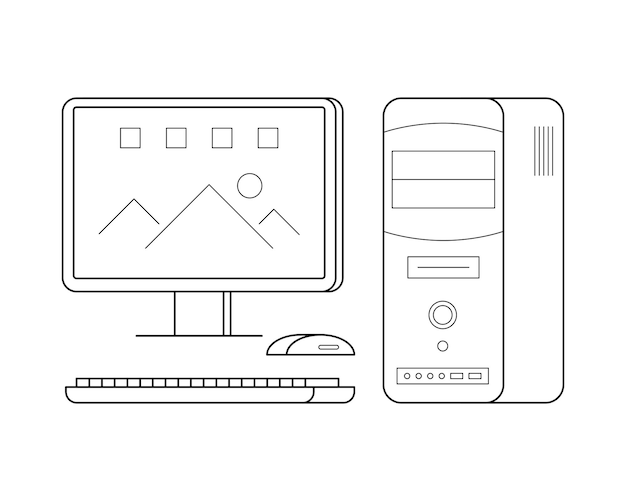 Vector personal computer line art mouse keyboard processor simple gadget icon for web application outline vector pictogram isolated on a white background desktop device