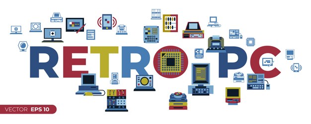 Personal computer timeline technology icons set