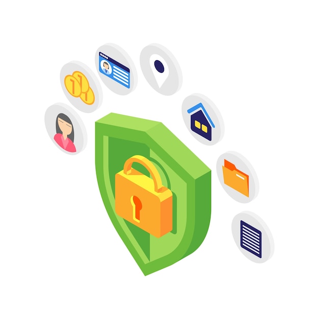 Vector personal data protection isometric concept with green shield on white