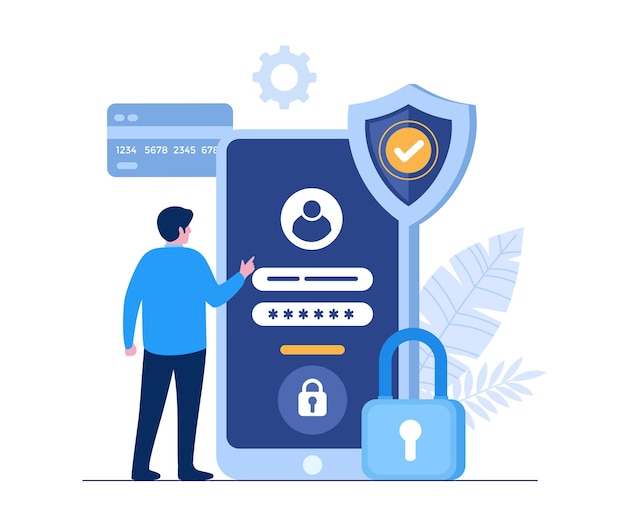 個人データセキュリティ、サイバーデータセキュリティオンラインコンセプトイラスト、インターネットセキュリティまたは情報プライバシー。フラットベクトルイラストバナーと保護