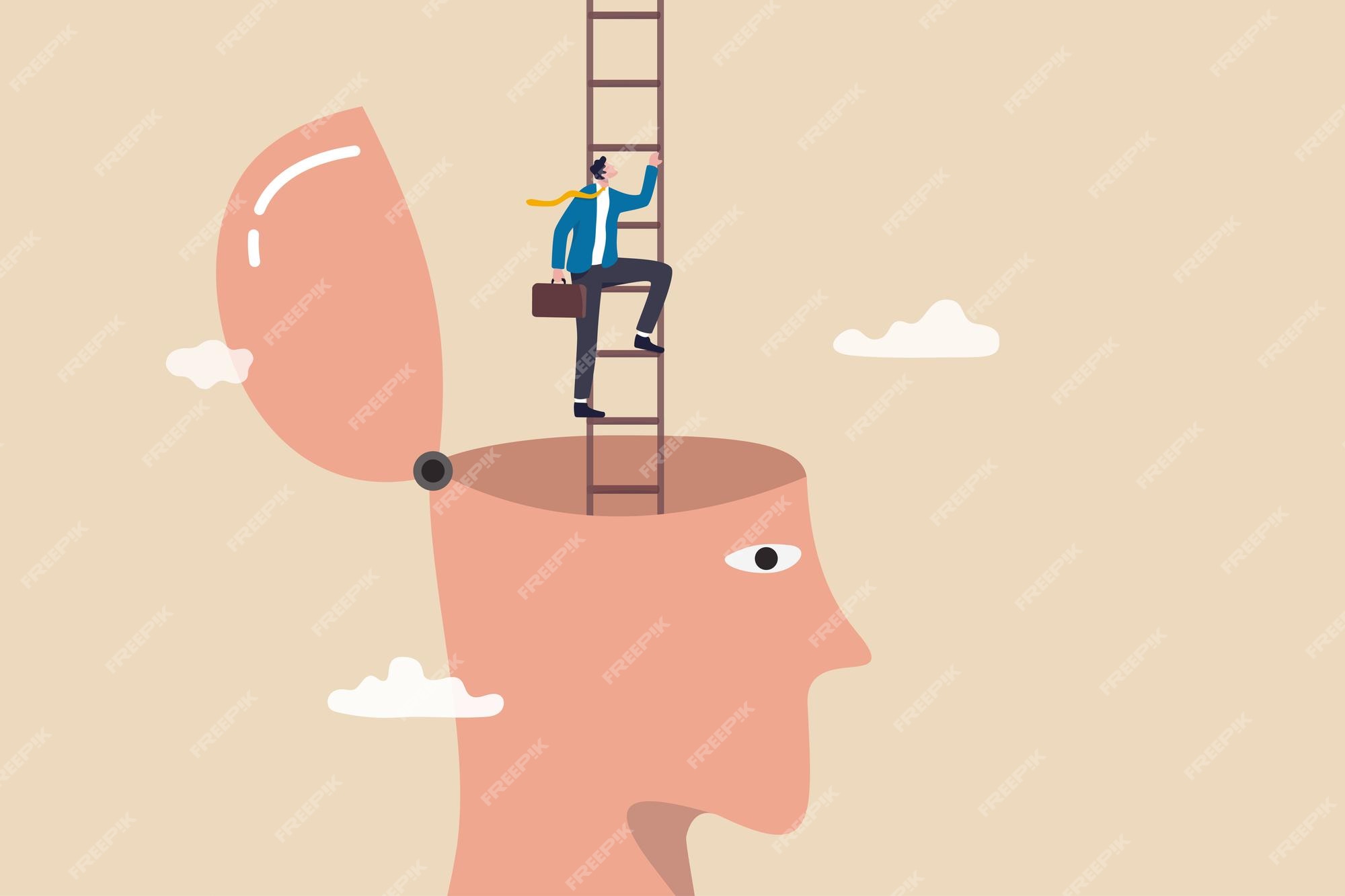 Premium Vector | Personal development or improvement for success growth  mindset motivation to be success courage to find new opportunity concept  confidence businessman climb up ladder of success from his head