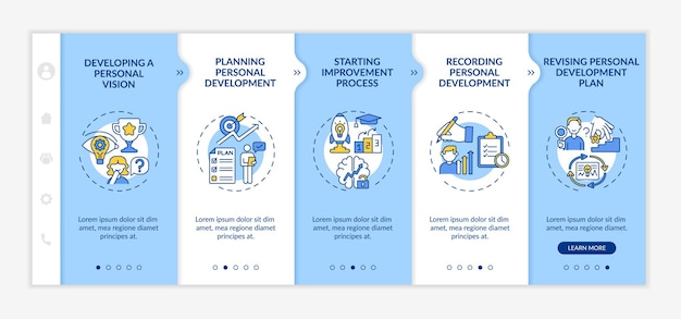 Personal development progress onboarding vector template. responsive mobile website with icons. web page walkthrough 5 step screens. self-improvement color concept with linear illustrations