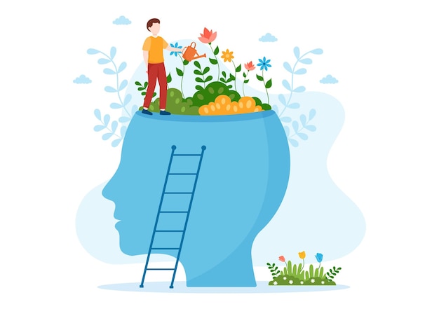 Vector personal development with people developing mental issues as plant in flat hand drawn illustration