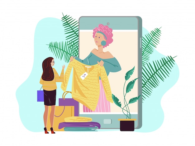 Vettore stilista di moda personale online, illustrazione. servizio di consulenza di moda su smartphone di grandi dimensioni, personaggio femminile