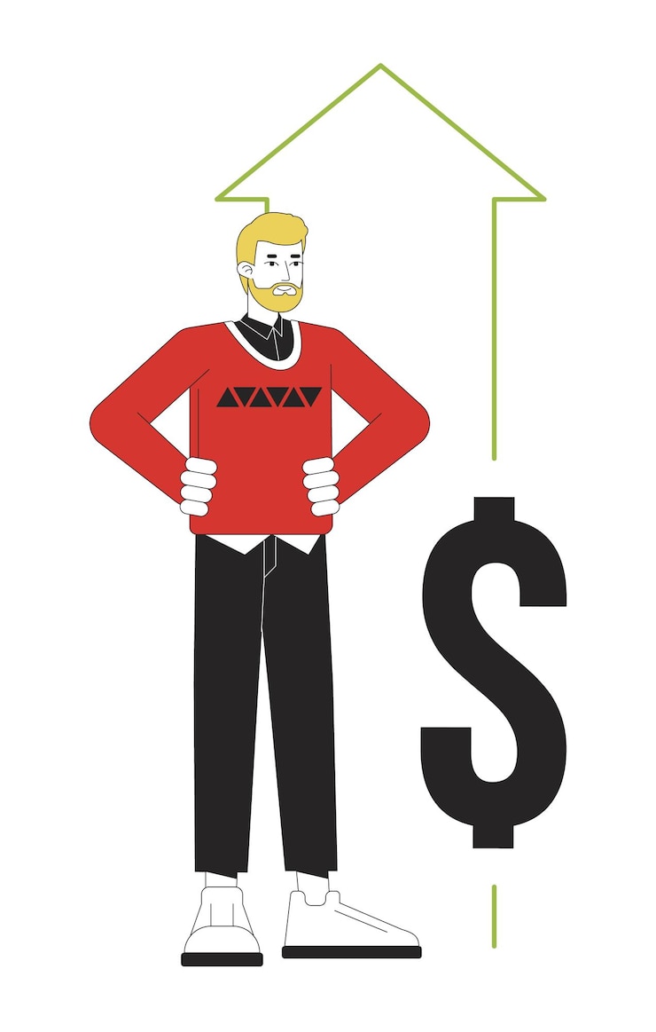 Vector personal finance growth flat line concept vector spot illustration positive man holding hands on waist 2d cartoon outline character on white for web ui design editable isolated color hero image
