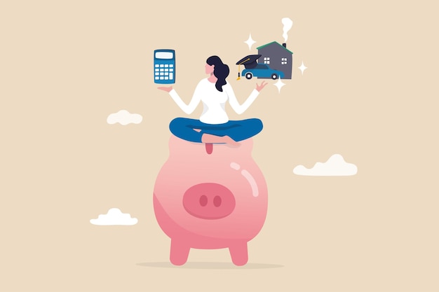 Personal finance money management, expense, cost and budget calculation for education, housing mortgage or car loan concept, smart woman on piggy bank with calculator, house, car and graduate hat.