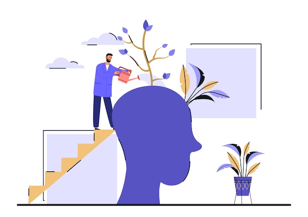 Vector personal growth concept tiny man watering that growing plant from the brain metaphor for