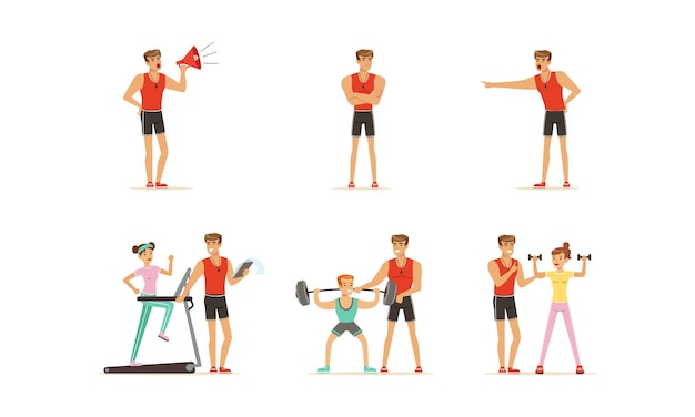 Vettore personal gym coach che aiuta le persone personaggi di allenamento set di illustrazioni vettoriali