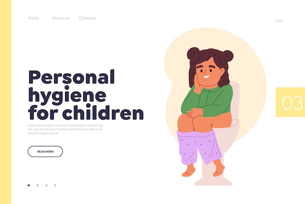 Vector personal hygiene for children concept of landing page with kid girl sit on toilet poop in restroom