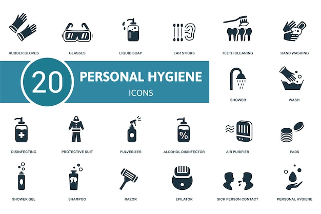 Personal hygiene icon set contains editable icons personal