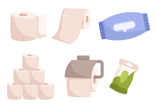 Предметы личной гигиены включают туалетную бумагу для чистоты, салфетки для освежения и подушечки для защиты, необходимые для поддержания гигиены и комфорта в повседневной жизни. Векторная иллюстрация мультфильма