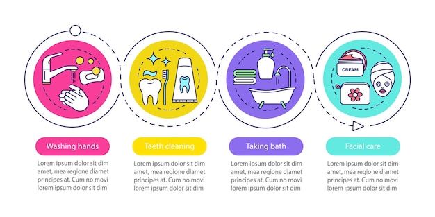 Modello di infografica vettoriale per l'igiene personale lavarsi le mani facendo il bagno pulizia dei denti visualizzazione dei dati con quattro passaggi e opzioni grafico della sequenza temporale del processo layout del flusso di lavoro con icone