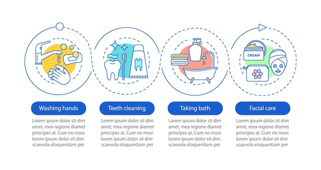 Vettore modello di infografica vettoriale per l'igiene personale lavarsi le mani pulizia dei denti facendo il bagno cura del viso visualizzazione dei dati con quattro passaggi e opzioni grafico della sequenza temporale del processo layout del flusso di lavoro