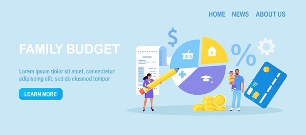 Vector personal income and expense management family budget strategy planning young couple divides the items of expenditure control household finance