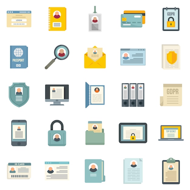 Personal information icons set. Flat set of personal information vector icons isolated on white background