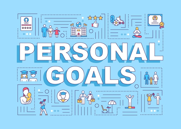 Personal lifetime goals word concepts banner. Life dreams and aspirations. Smart planning. Infographics with linear icons on blue background. Isolated typography. Vector outline RGB color illustration