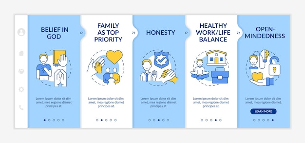 Vector personal morals onboarding vector template. responsive mobile website with icons. web page walkthrough 5 step screens. healthy work-life balance, belief in god color concept with linear illustrations