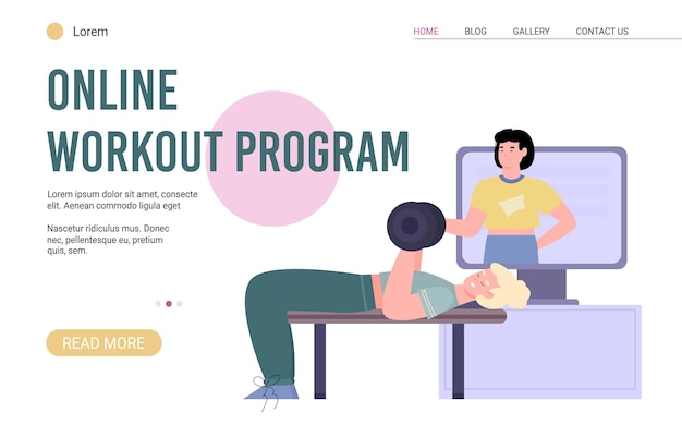 Personal online workout program webpage flat cartoon vector illustration