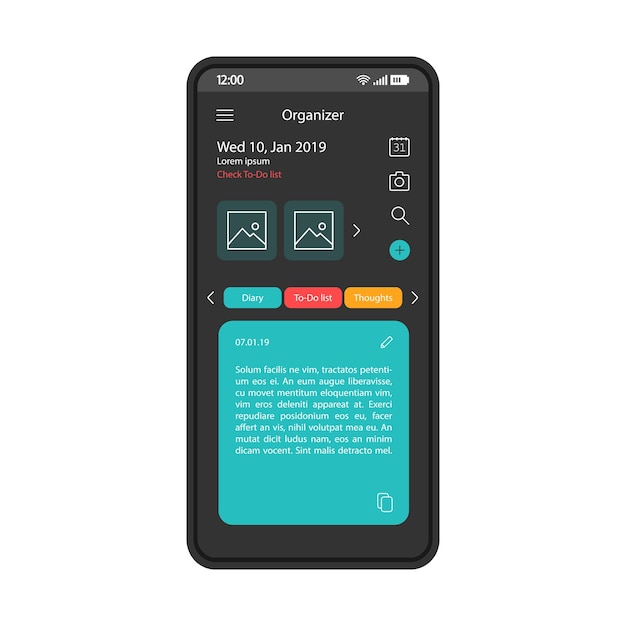 Vector personal planner app smartphone interface vector template