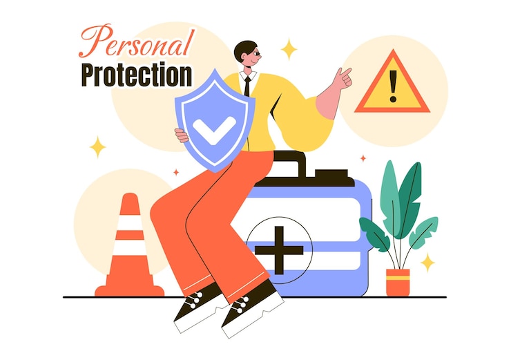 Vector personal protection vector illustration featuring safety equipment with a construction industrial worker and construction tools in a flat background