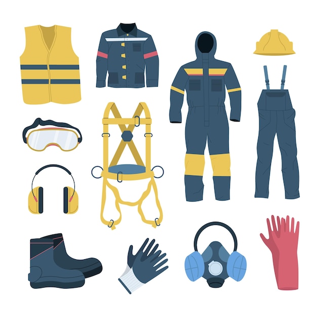 Vector personal protective equipment flat set with elements of clothes and accessories isolated vector illustration