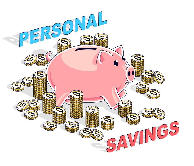 Концепция личных сбережений, копилка со стопками центов, изолированных на белом фоне. Изометрическая векторная иллюстрация бизнеса и финансов, трехмерный дизайн тонкой линии.