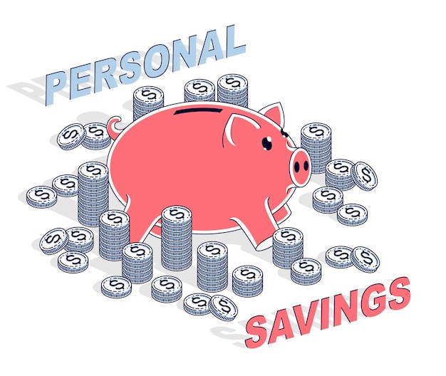 Personal Savings concept, Piggy Bank with cent coins stacks isolated on white background. Isometric vector business and finance illustration, 3d thin line design.