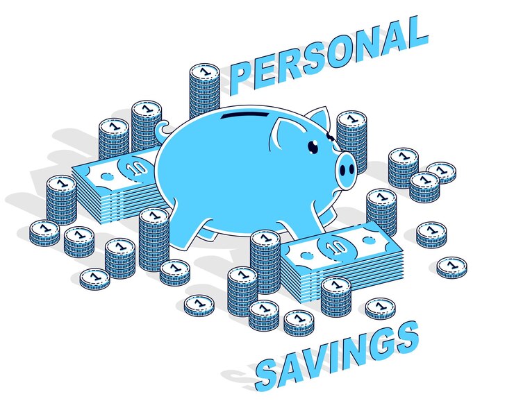 Vector personal savings concept, piggy bank with dollar stacks and cent coins piles isolated on white background. isometric vector business and finance illustration, 3d thin line design.