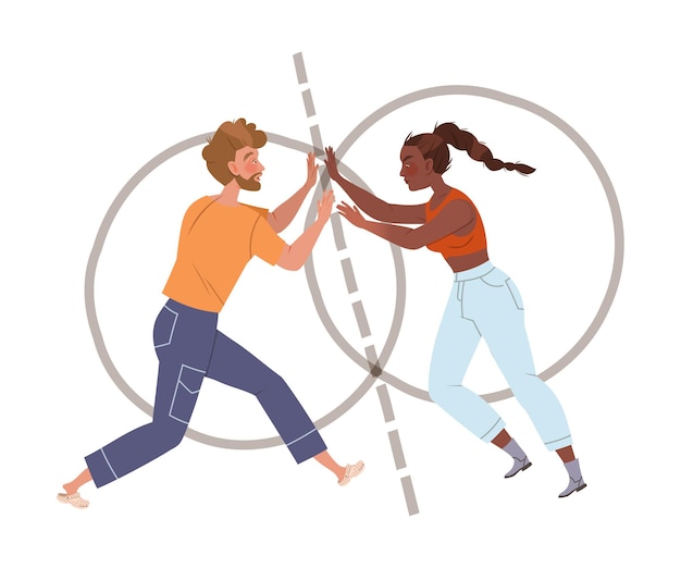 Personal space and boundaries concept Couple in love trying to unite their personal boundaries cartoon vector illustration