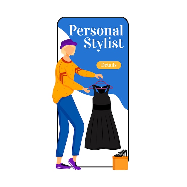 Personal stylist cartoon smartphone app screen. Picking right clothes. Choose new outfits. Mobile phone display with flat character design  . Fashion trends application telephone interface