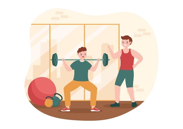 Modello di illustrazione disegnata a mano per personal trainer o istruttore sportivo con lavoro che aiuta a allungare