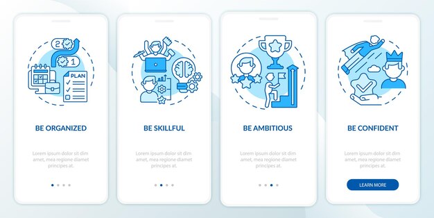 Tratti personali per la schermata della pagina dell'app mobile di onboarding dei dipendenti. successo passo passo 4 istruzioni grafiche con concetti. modello vettoriale ui, ux, gui con illustrazioni a colori lineari