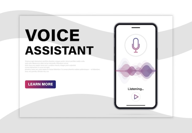 Personal voice assistant and recognition on mobile app. landing page. phone screen with voice and sound imitation waves. virtual online assistant, mobile app ui, personal voice assistant design