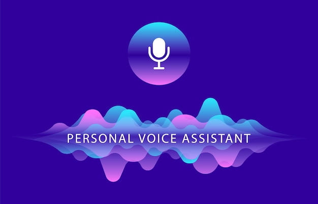 Personal voice assistant. voice recognition. sound waves and microphone button. smart technology