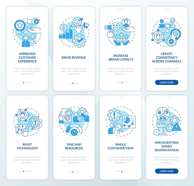 Set di schermate dell'app mobile per l'onboarding blu di marketing personalizzato