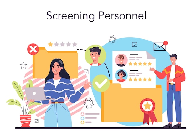 Personeelsscreening concept Zakelijke werving en personeelscontrole HR of personeelsmanager die werknemers controleert Promotie en ontslag Geïsoleerde platte vectorillustratie