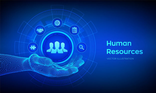 Personeelszaken. HR-symbool in robotachtige hand. Menselijk sociaal netwerk en leiderschap.