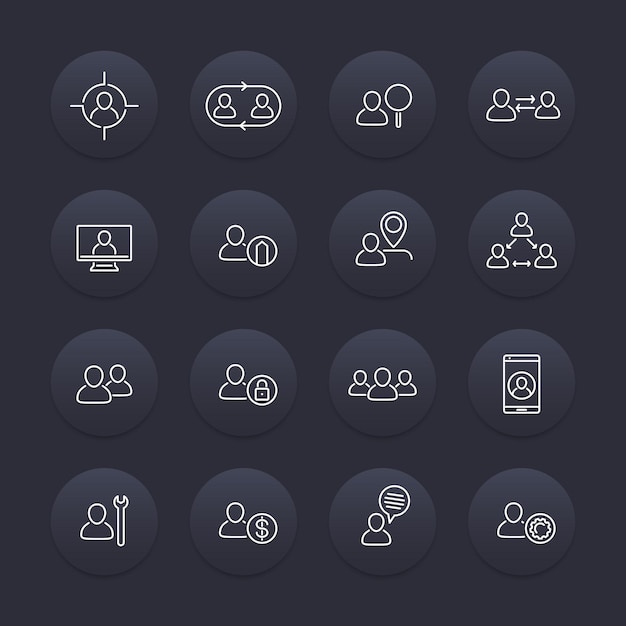 Personnel line icons hr human resources staff management linear pictograms on round dark shapes vector illustration