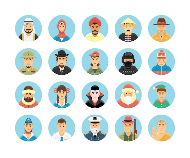 Collezione di icone di persone. set di icone che illustrano le occupazioni delle persone, gli stili di vita, le nazioni e le culture.