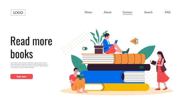 Vector persons with books landing page stack of literature