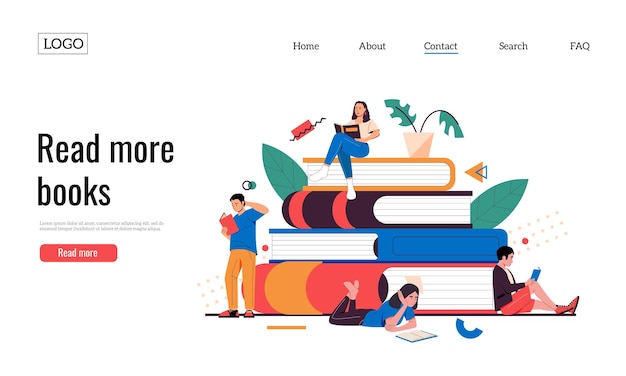 Vector persons with books landing web site template with cartoon young characters reading books vector self education web page