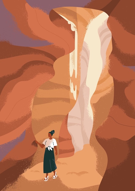 Vector persoon die een canyon grot verkent landschapskaart vrouw reiziger die wandelt en geniet van de natuur afgelegen serene plaats van kracht avontuurlijke reisreis in harmonie en vrede vlakke vectorillustratie