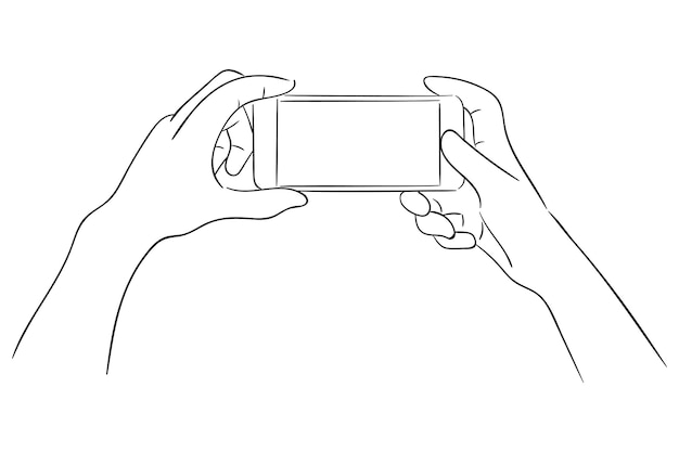 Persoon die foto neemt met beide handen Slimme telefoon Handgetekende illustratie Vector schets